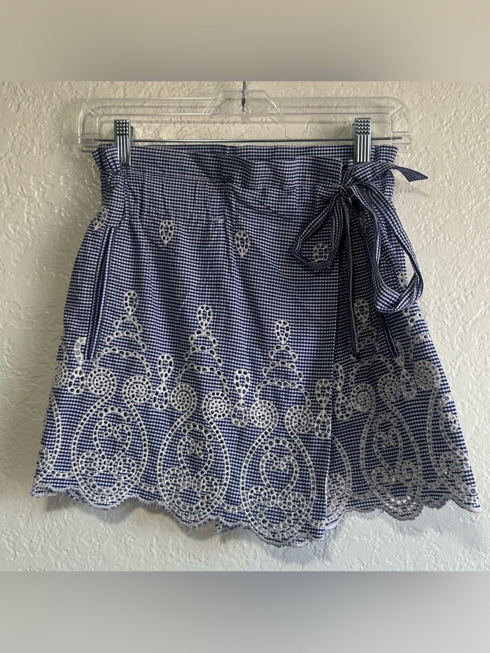 Zara Blue Gingham Tie-Waist White Embroidered Mini Skort